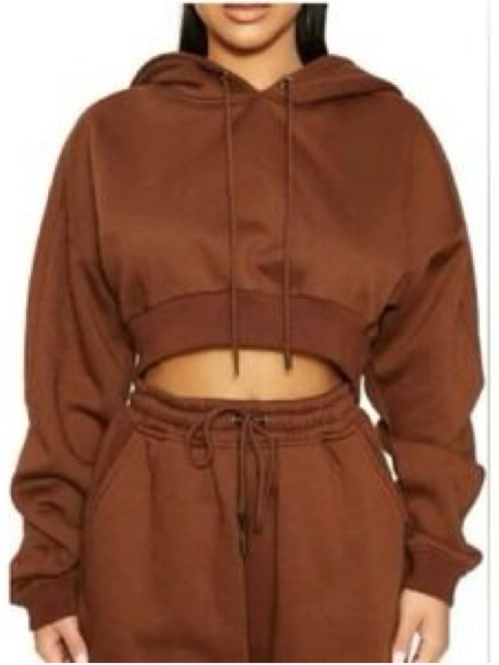 Naked Wardrobe Cropped Drawstring Hoodie in Chocolate Brown XS